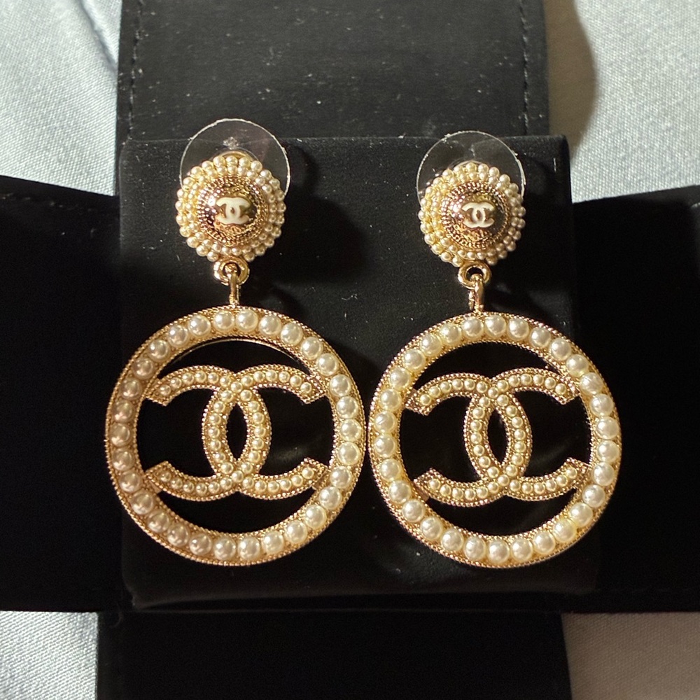 Chanel Pearl and Gold Metal CC Earrings
